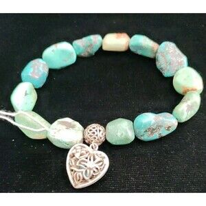 Whitney Kelly Turquoise Stretch Bracelet 925 Sterling Filigree Heart Charm VTG